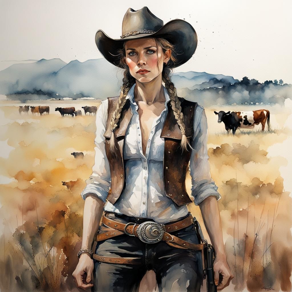 Goddess Cowgirl in Watercolor and Ink Style
