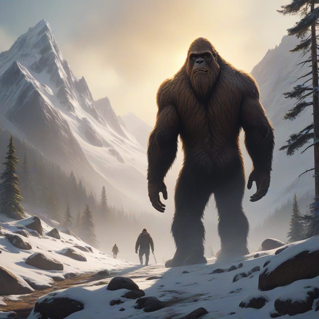 Bigfoot Walks in Snowy Mountain: Realistic Digital Art