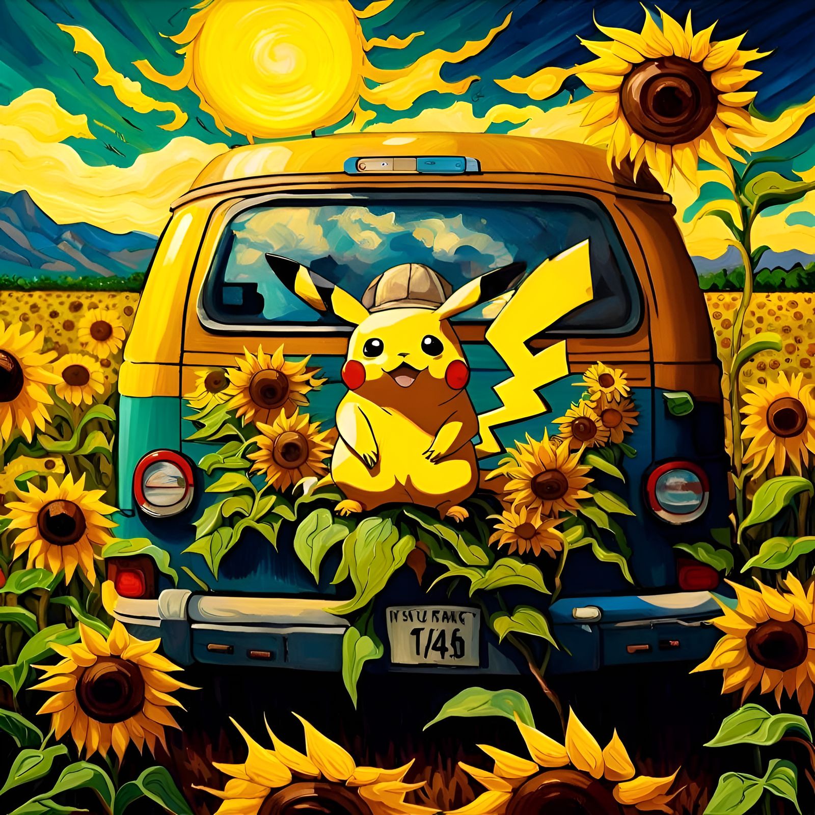Pokémon Pikachu Van (Gogh) Sunflower Field Painting