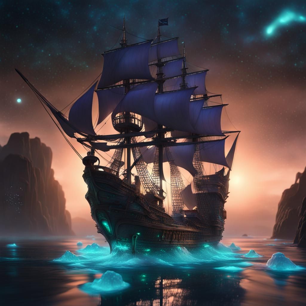 Pirate Ship in Jar with Bioluminescent Galaxy