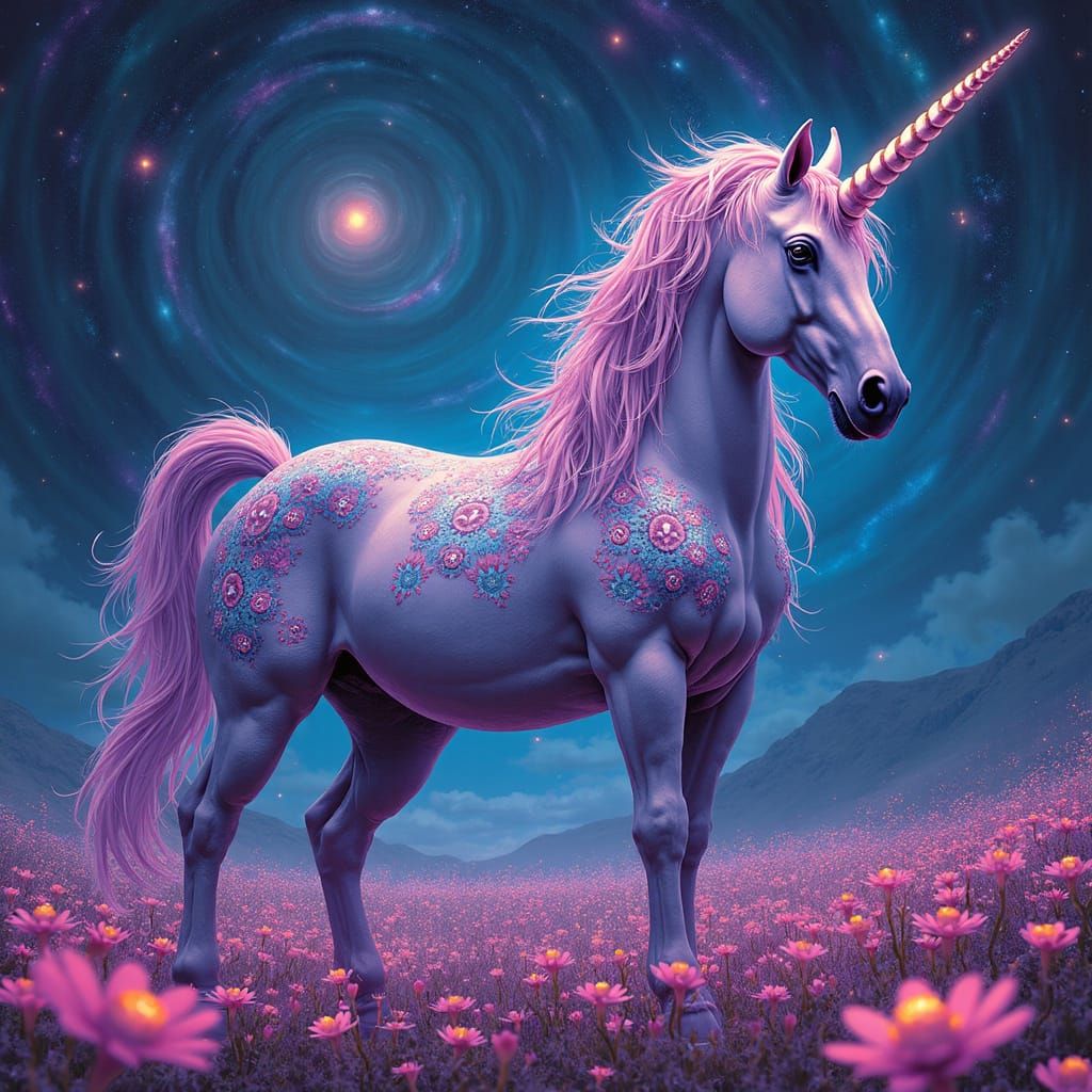 Unicorn in Bioluminescent Field, Surreal Digital Art