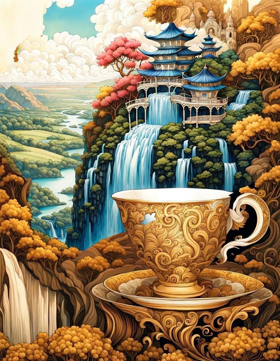 Whimsical Teacup Wonderland with Baroque Waterfall