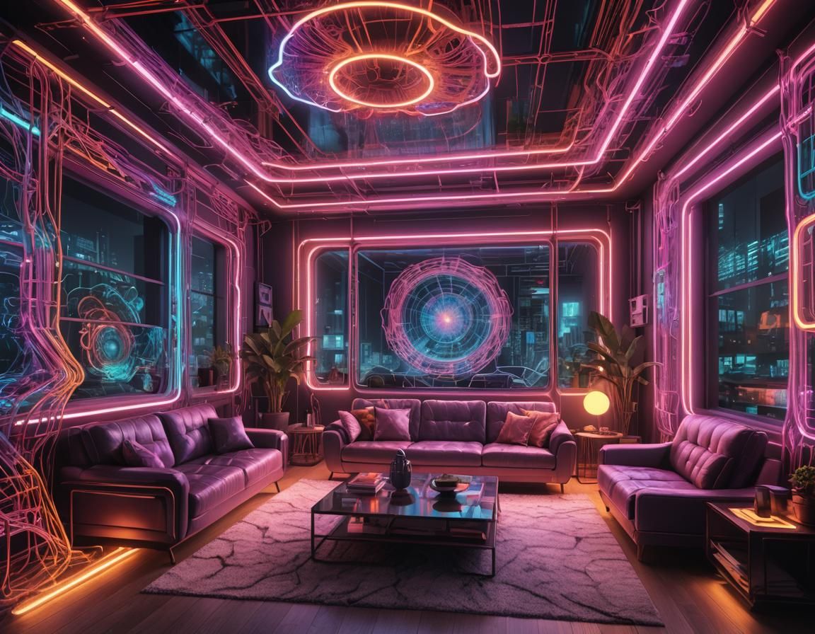 Neon Wireframe Living Room in Cyberpunk Style
