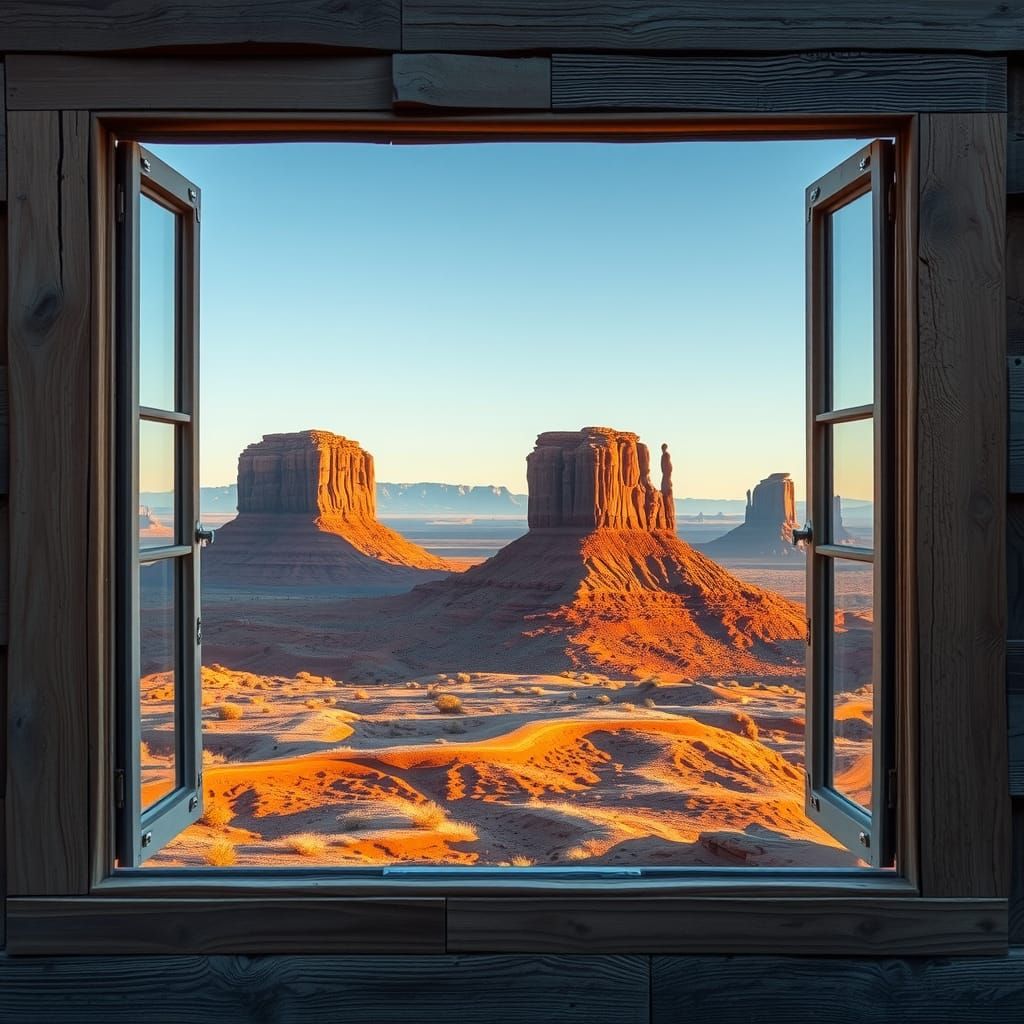 Monument Valley Through Weathered Window at Dawn