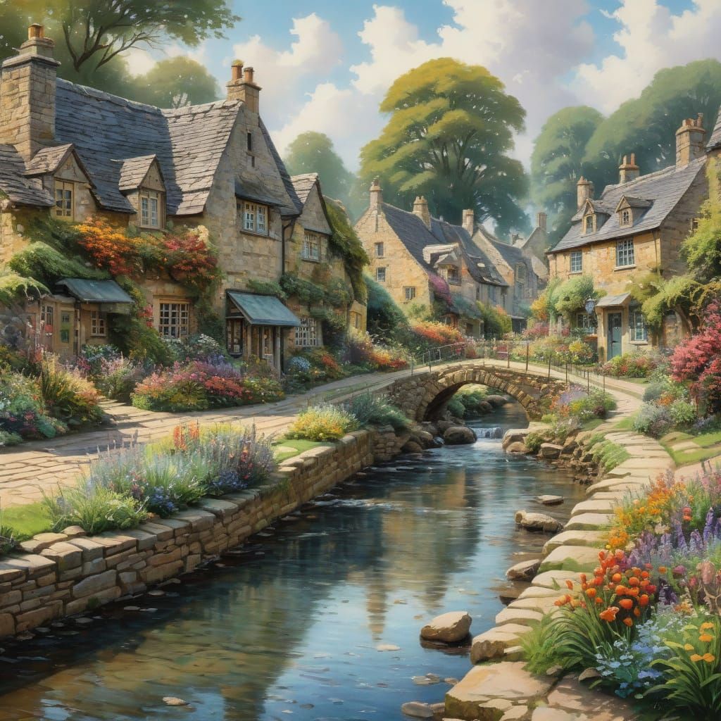 Charming Cotswold Village Scene in Epic Impressionist Style