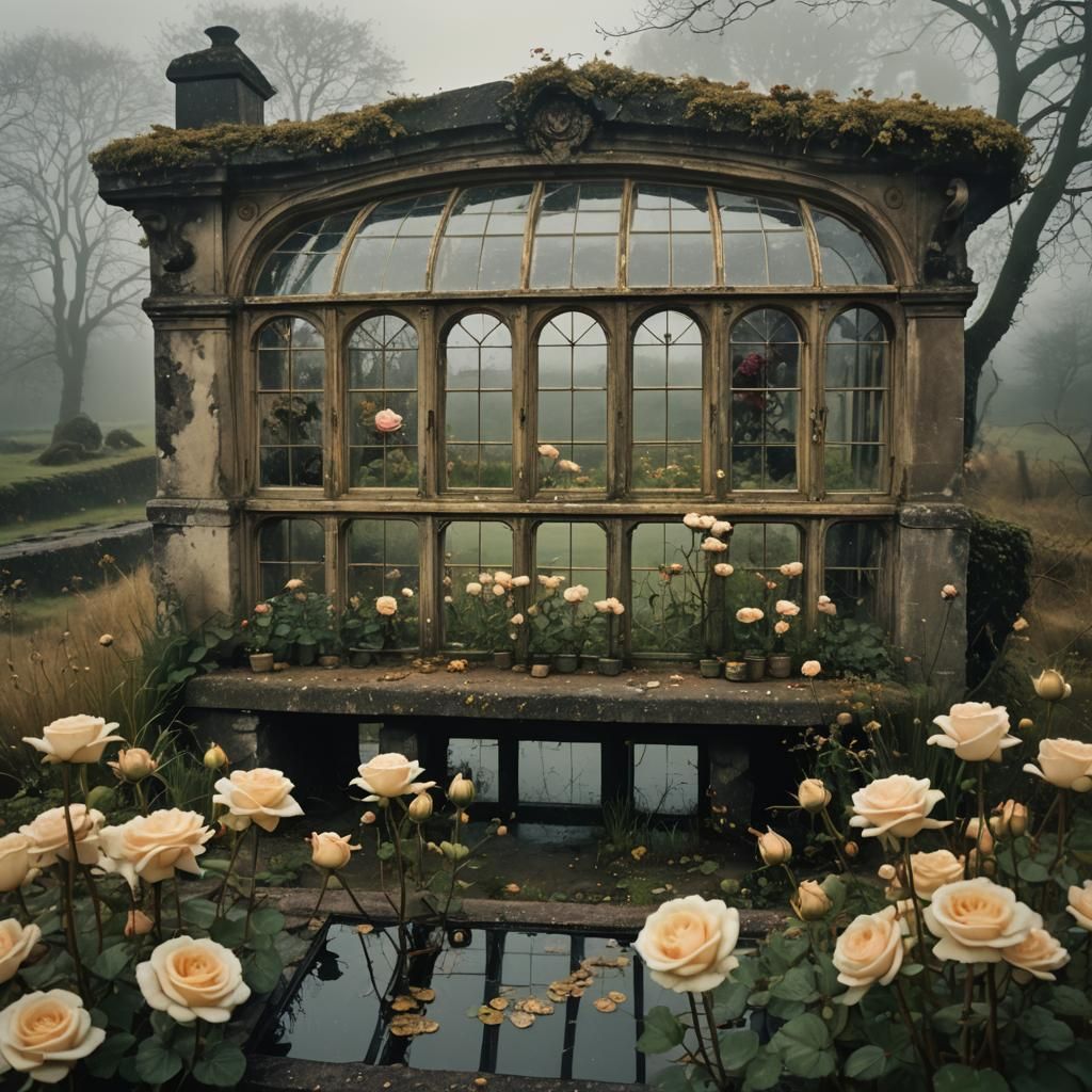 Antique Glass House with Roses and Foggy Moor