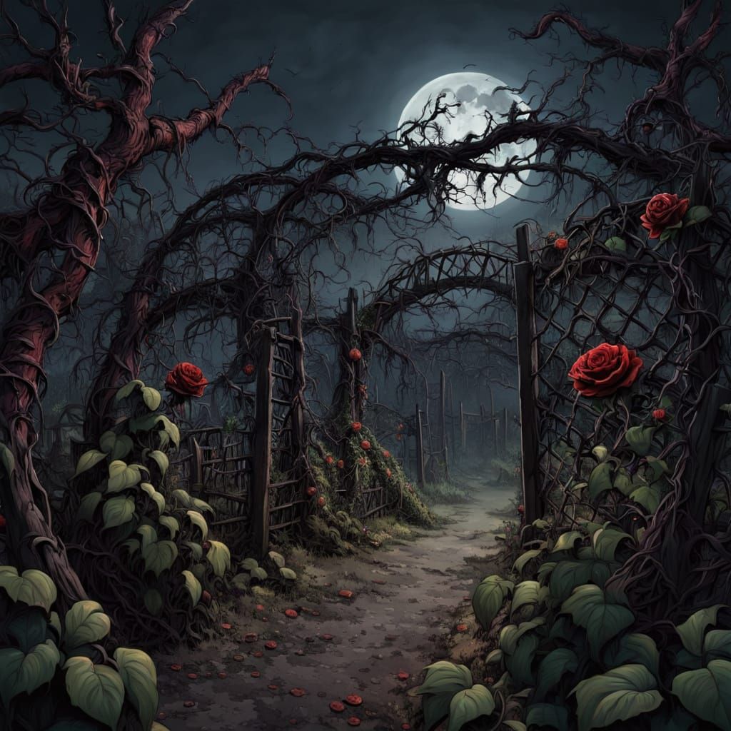 Creepy Overgrown Park with Black Roses