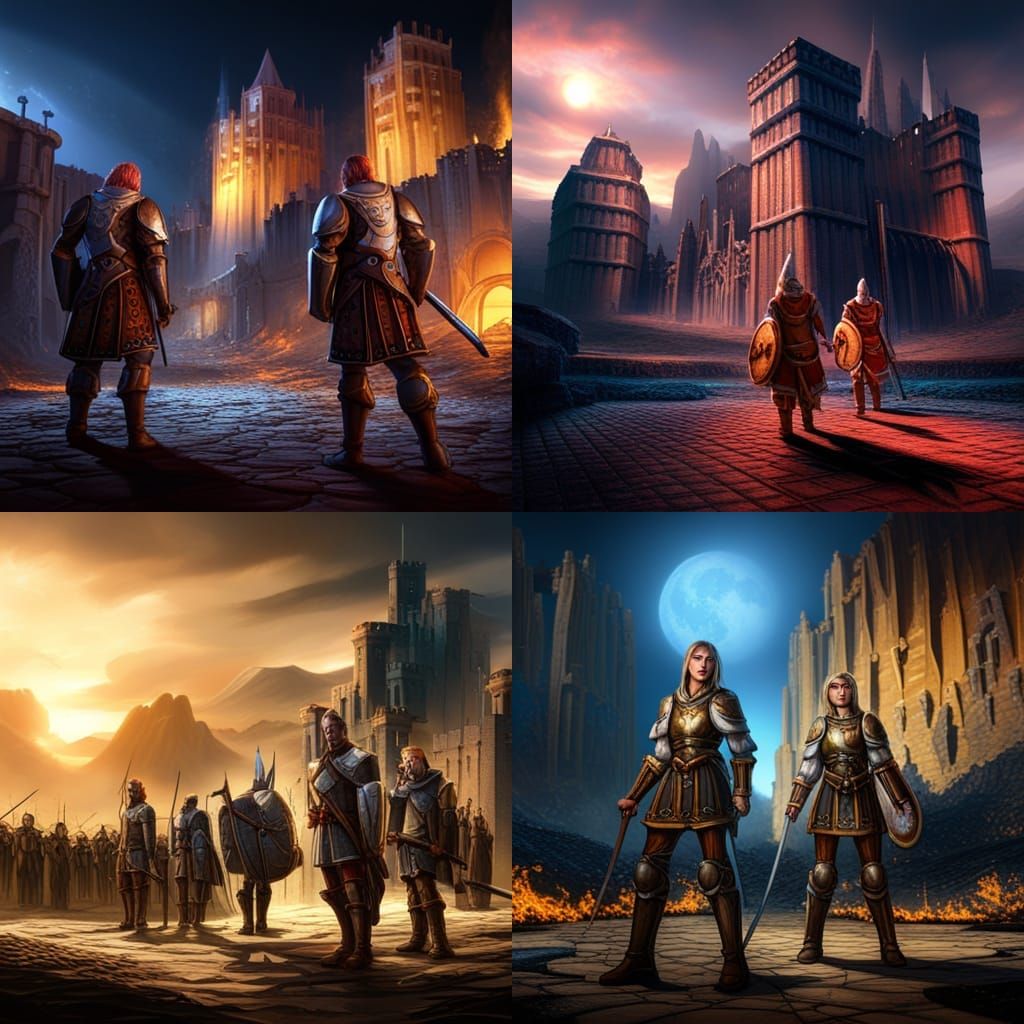 Epic Battle Scene: Warriors Outside Castle in Detailed Matte...