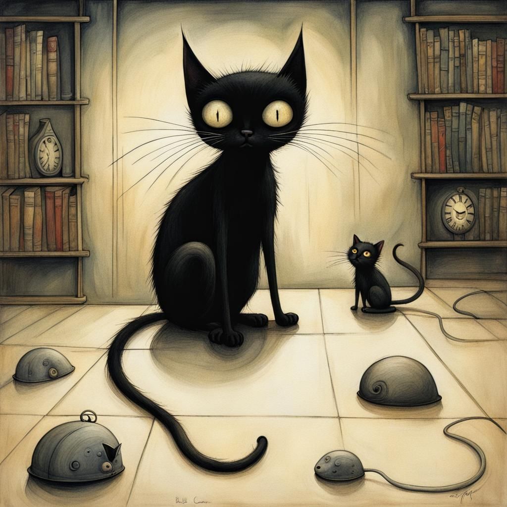 Creepy Cute Black Cat and Mouse