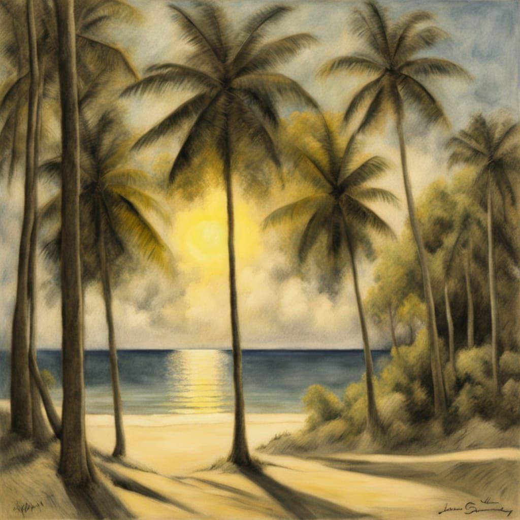 Tropical Beach Landscape in Feininger's Style