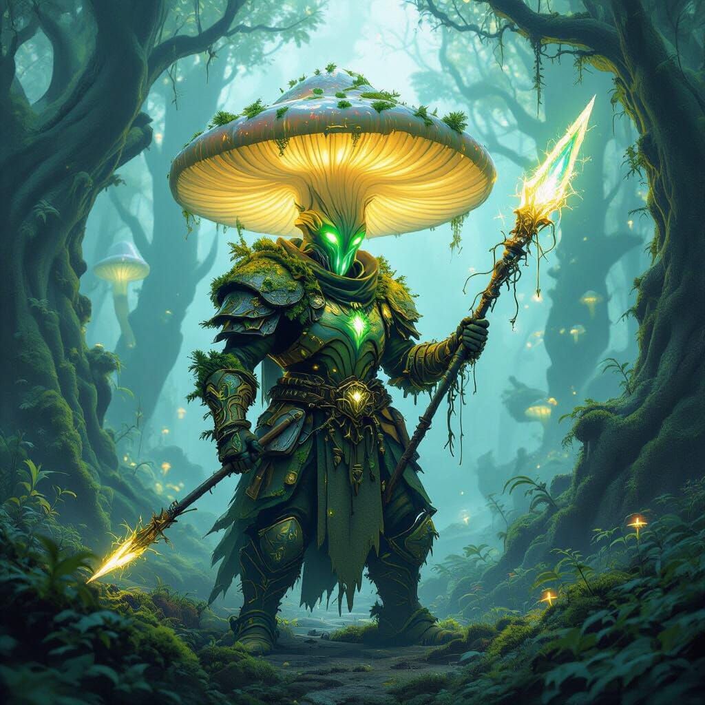 Bioluminescent Mushroom Warrior in Phosphorescent Forest