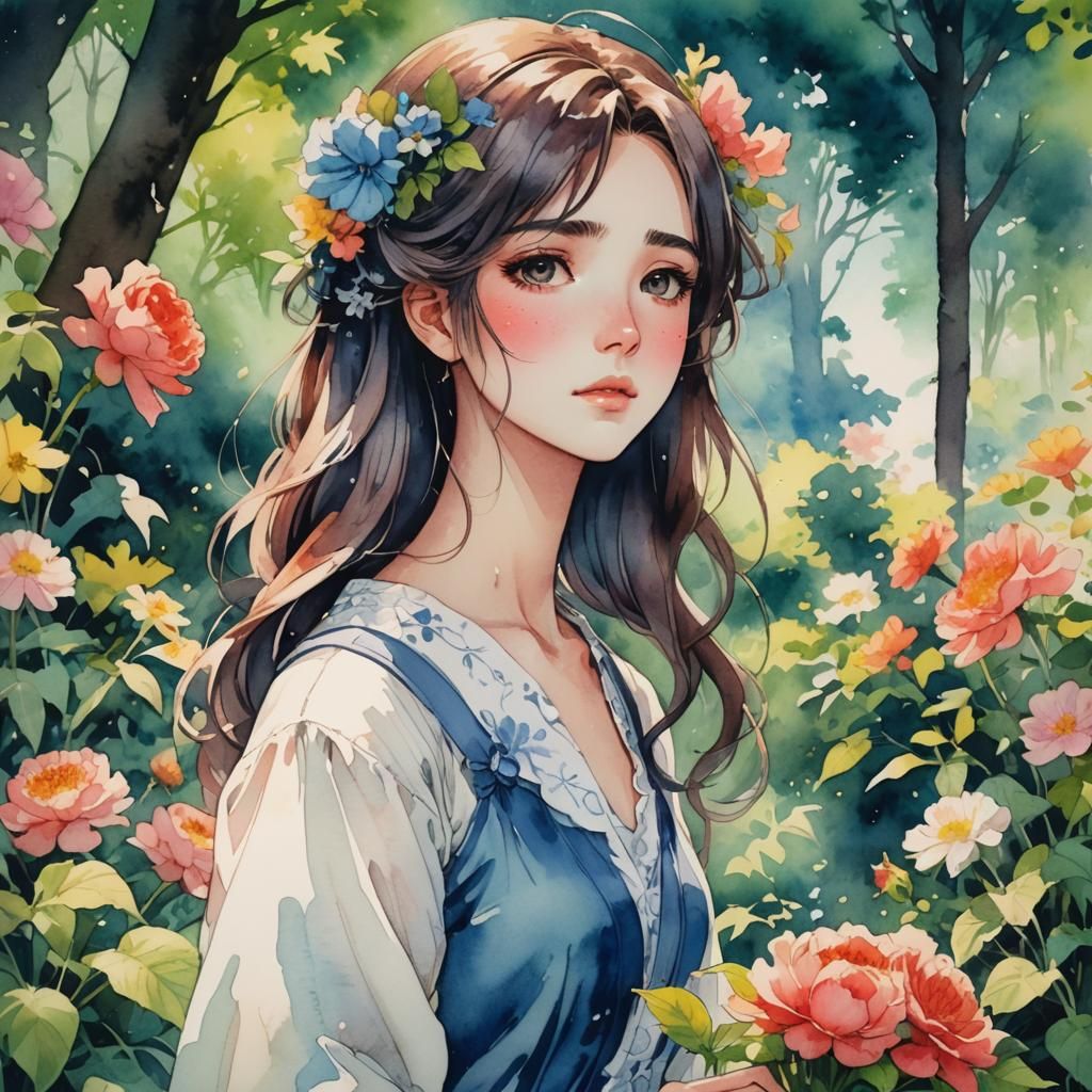 Sad Girl at Garden Party in Anime Style