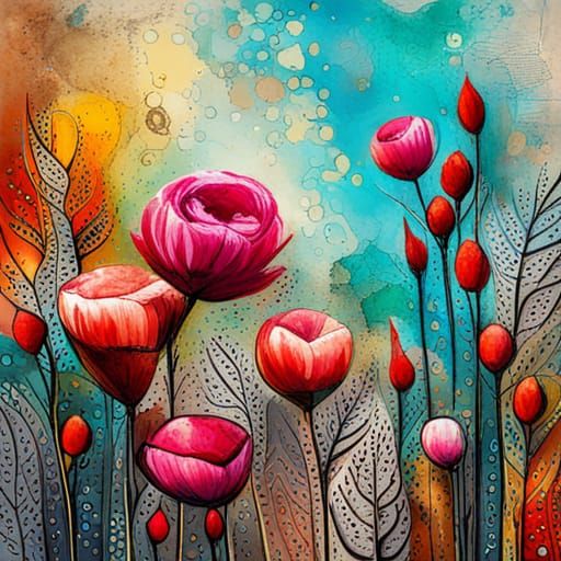 Modern Mixed Media Flower Art with Intricate Details