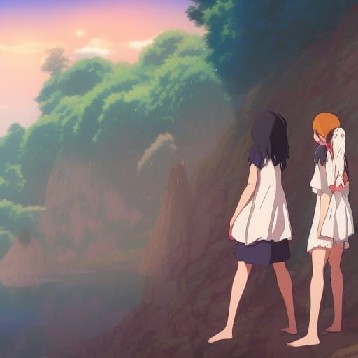 Anime-Inspired Forest Scene with Barefoot Girls