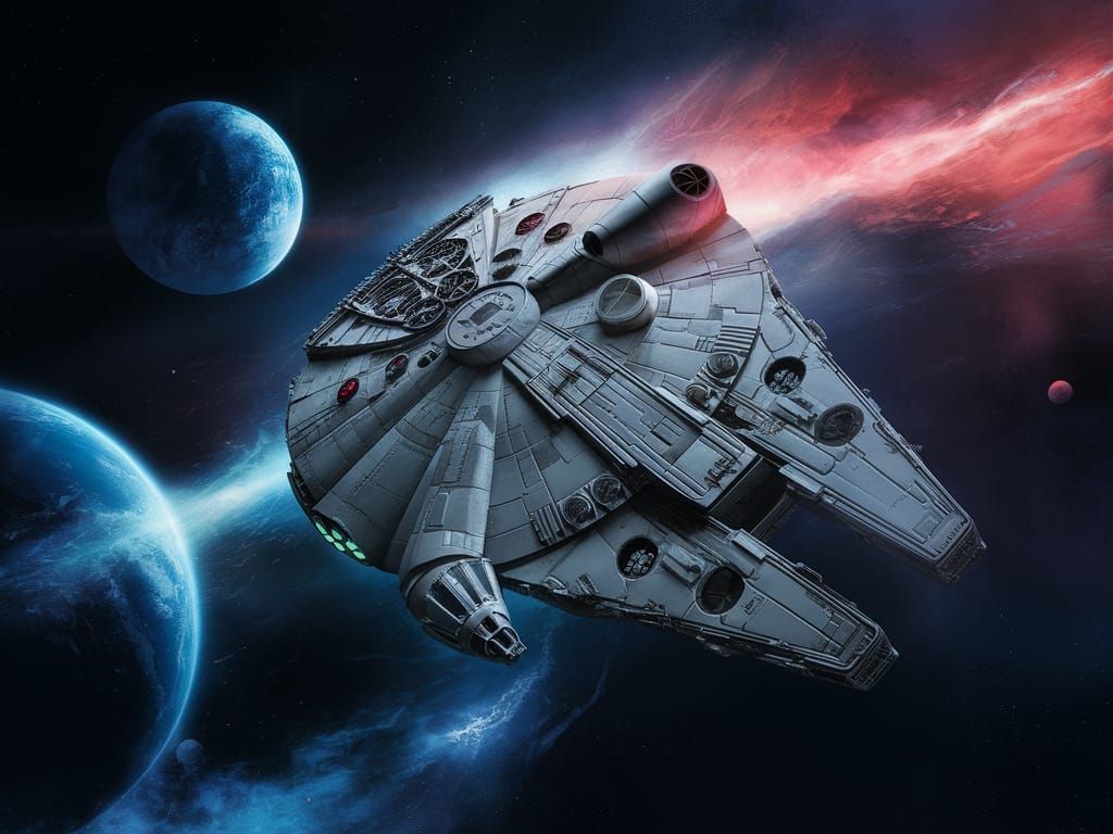 Millennium Falcon in Dark Fantasy Interstellar Scene