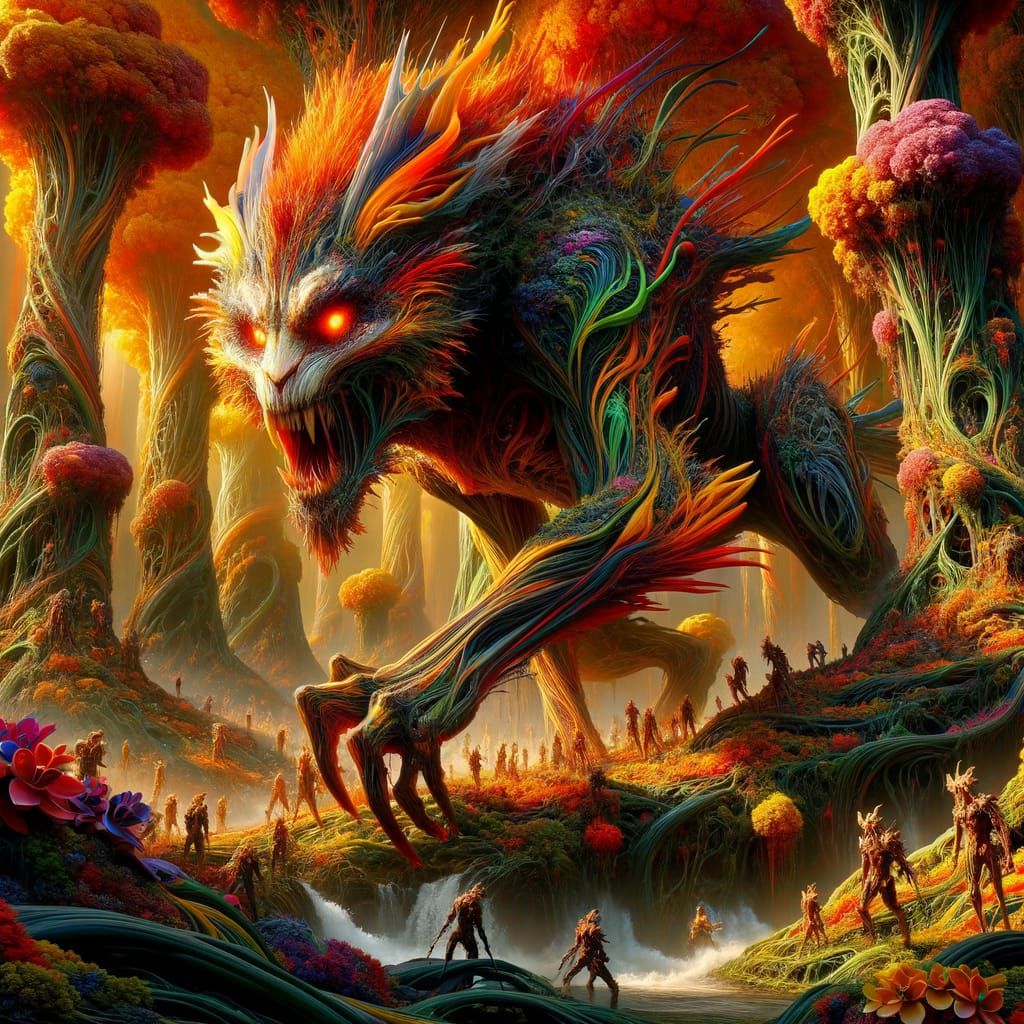 Ethereal Beast Surrounded by Fiery Warriors in a Vibrant Xen...