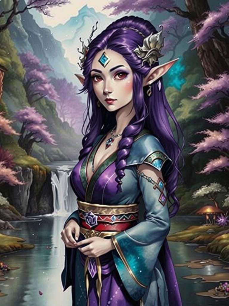 Elf Geisha in Purple Kimono with Fineliner Details