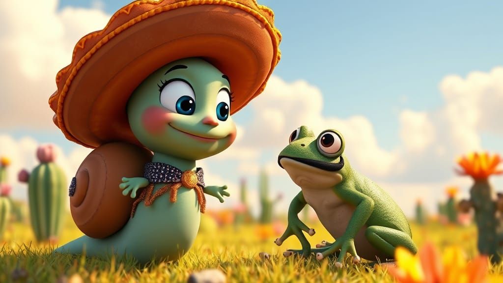 Cartoon Snail Shelly Confronts Frog in Cactus Meadow
