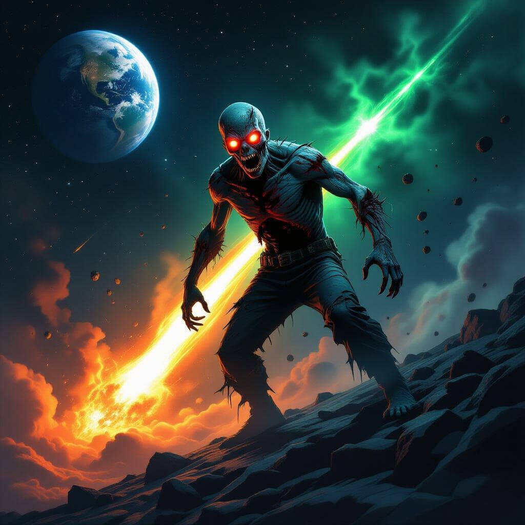 Zombie on Comet Approaching Earth in Dark Fantasy Style