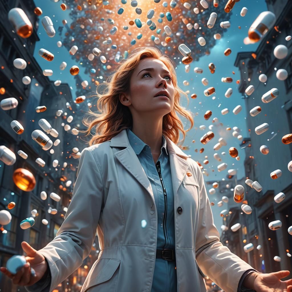 Woman in White Coat Under Capsule Rain: Digital Matte Painti...