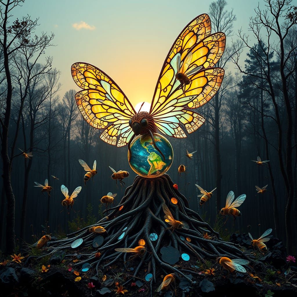 Surreal Bees Pollination Sculpture in Cyberpunk Aesthetic