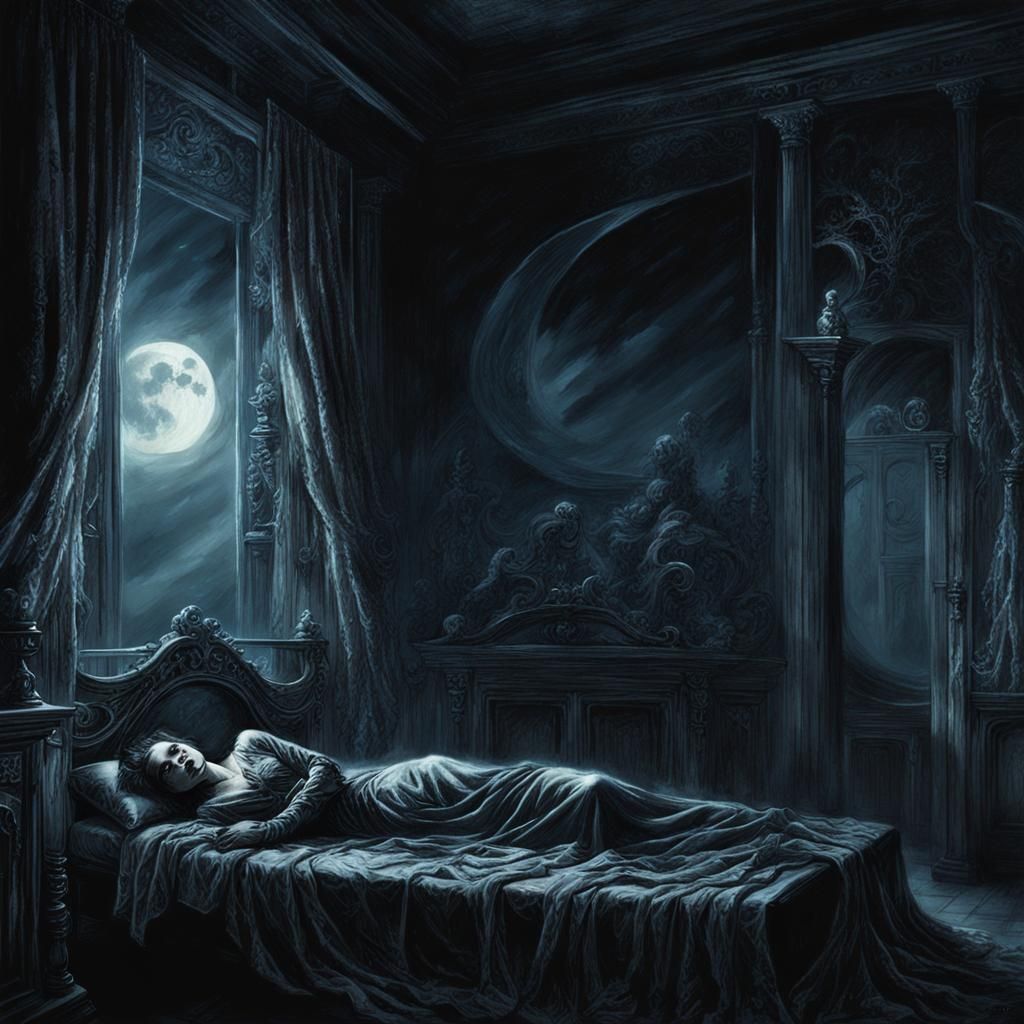 Haunting Dark Fantasy: Woman in Moonlit Room