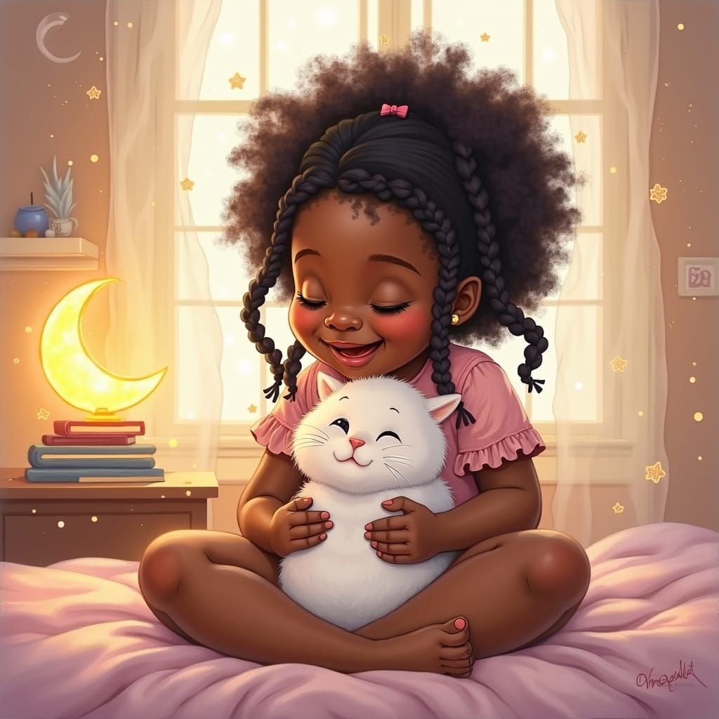 Girl with Cat in Dreamy Pastel Bedroom, Watercolor Style