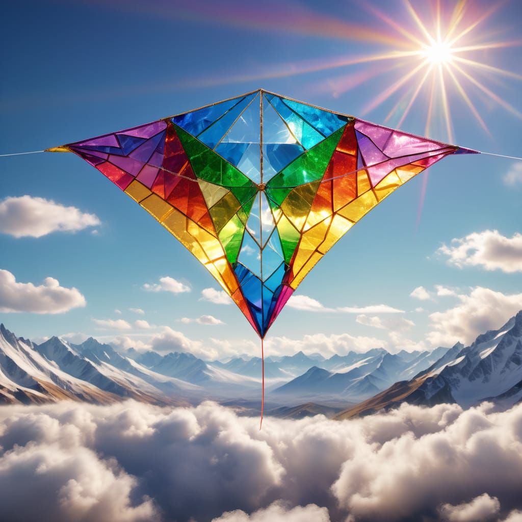 Spiraling Glass Kite Ascends Majestic Mountains