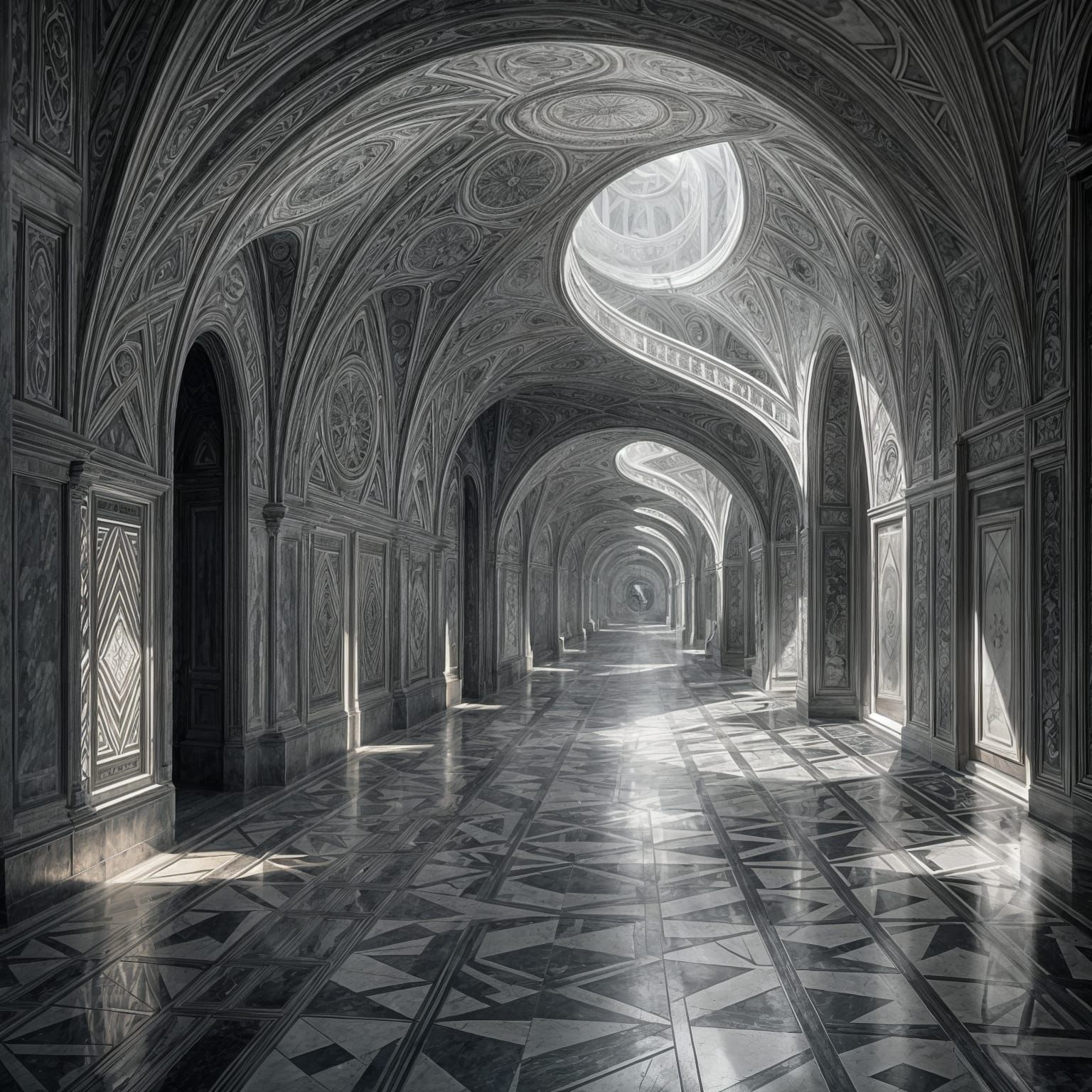 Escher-Inspired Hallway Defying Gravity in Surreal Light
