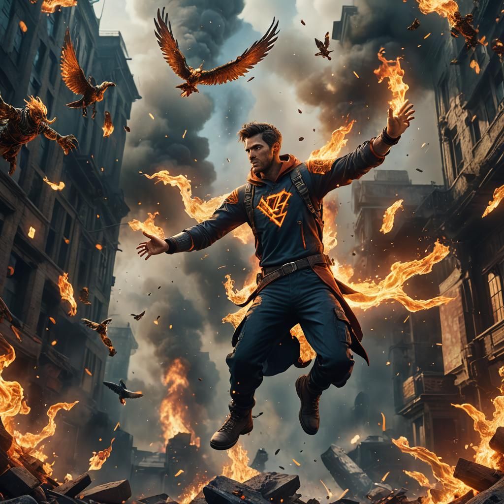 Flying Superhero with Fiery Hands: Fantasy Concept Art