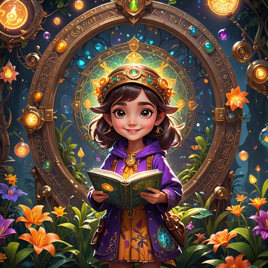 Cartoon Girl Lily with Enchanted Map, Cheerful Art