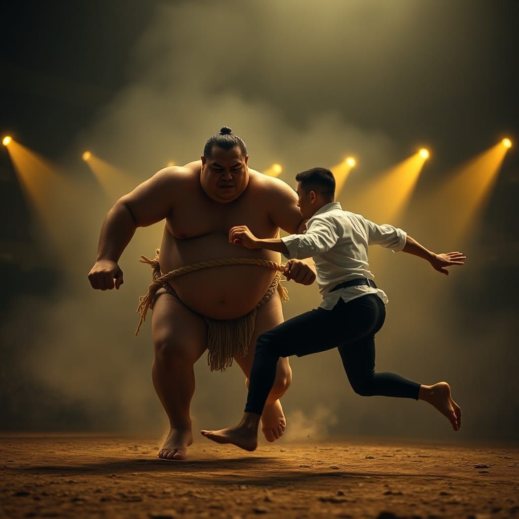 Sumo Wrestler Versus Skinny Man in Dramatic Arena