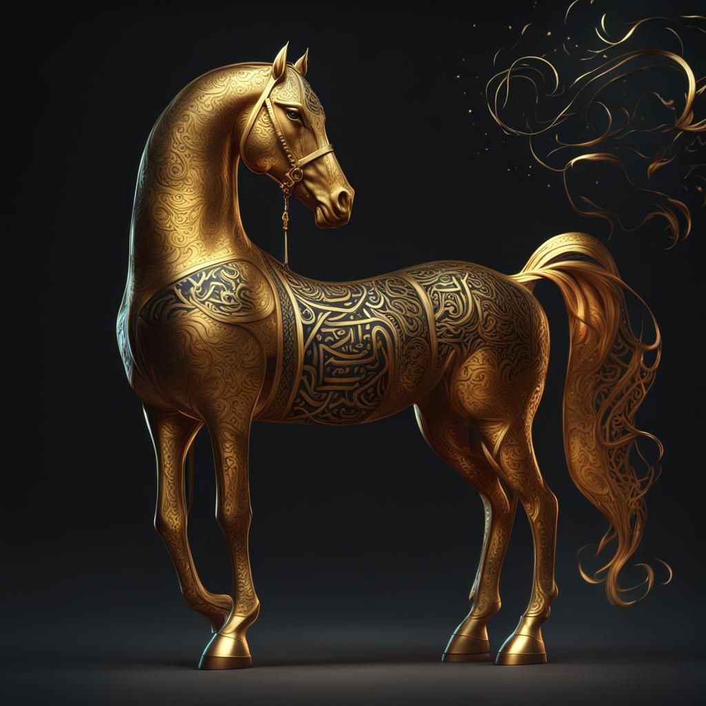 Golden Horse with Arabic Calligraphy Art