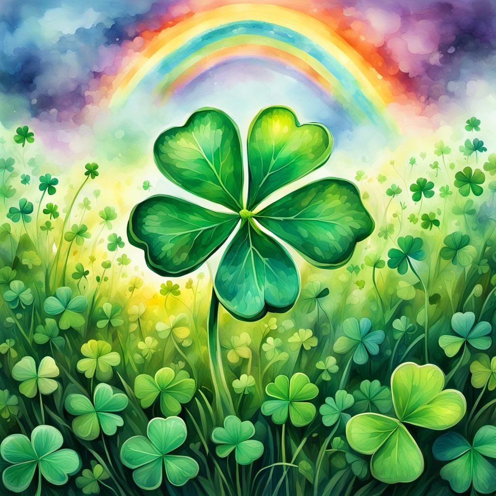 Watercolor Clover Field with Rainbow and Gold