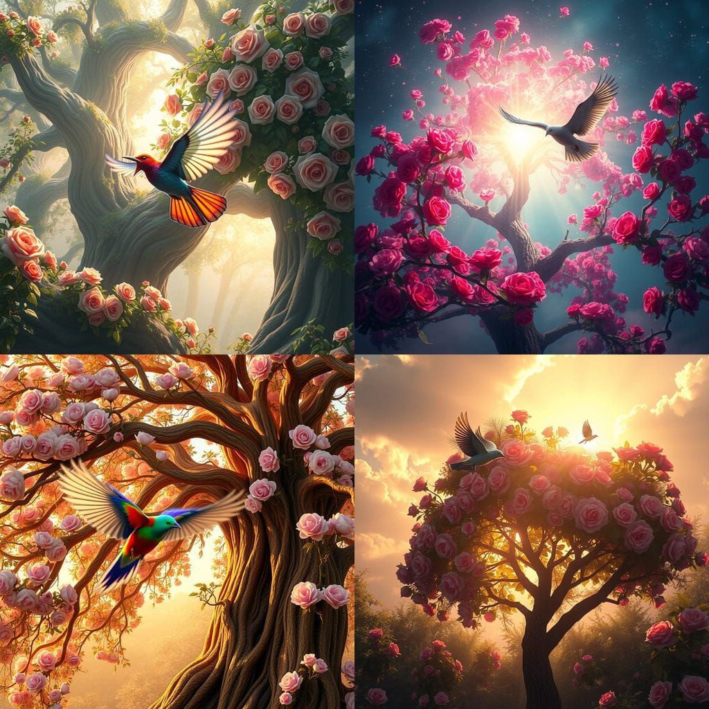 Bird Soars to Vibrant Rose Tree in Fantastical Scene