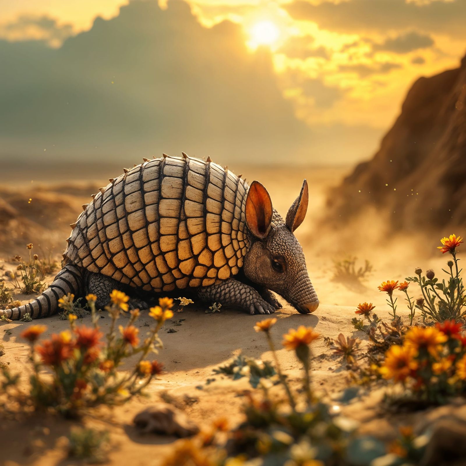 Armored Armadillo in Desert Oasis