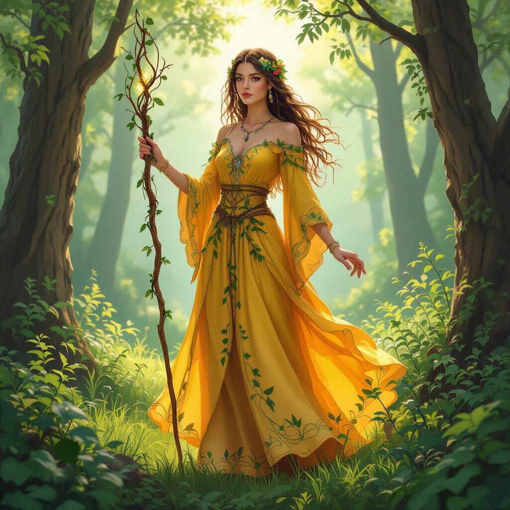 Female Druid in Forest with Wand, in Fantasy Art Style