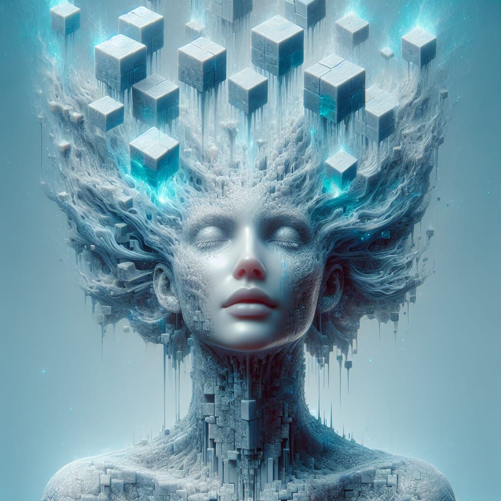Ethereal Woman Portrait with Melting Cubes in 8K
