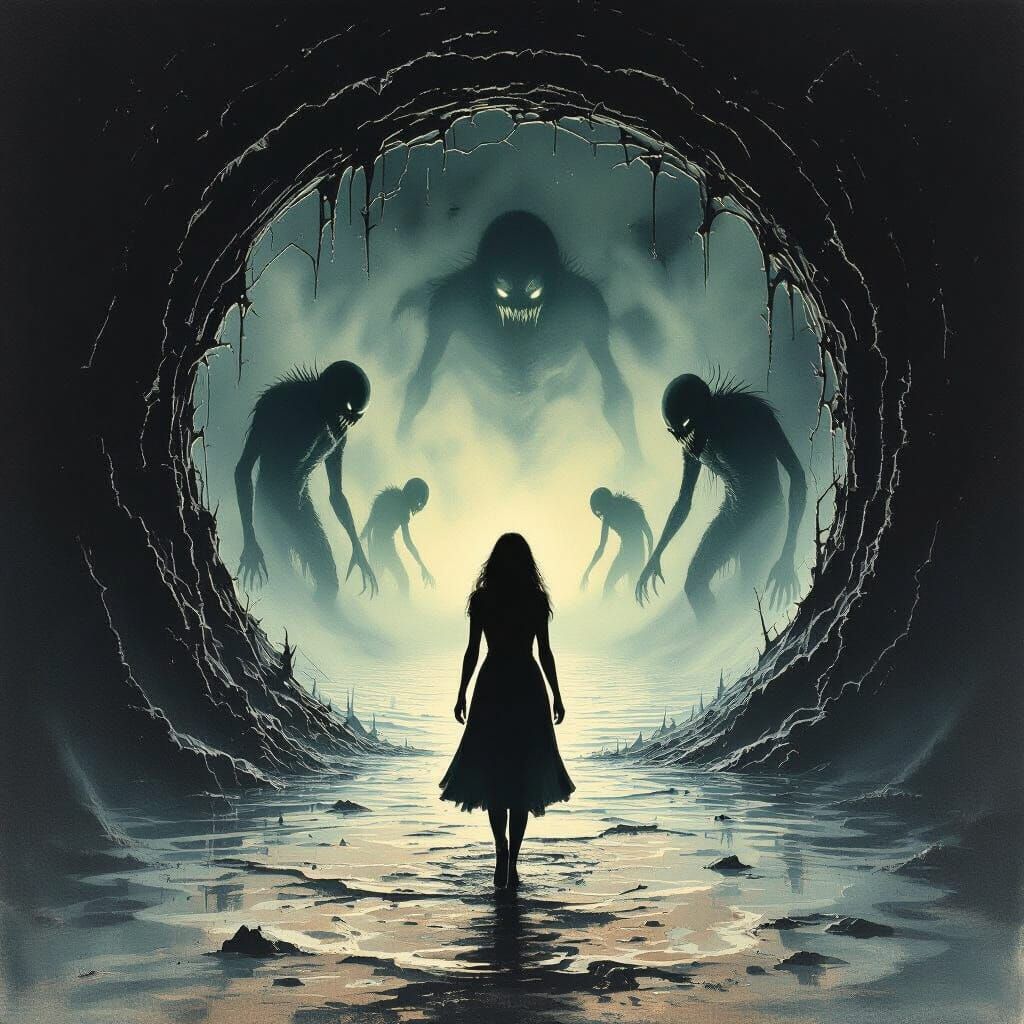 Woman Steps into Infinity: Surreal Dark Reflection