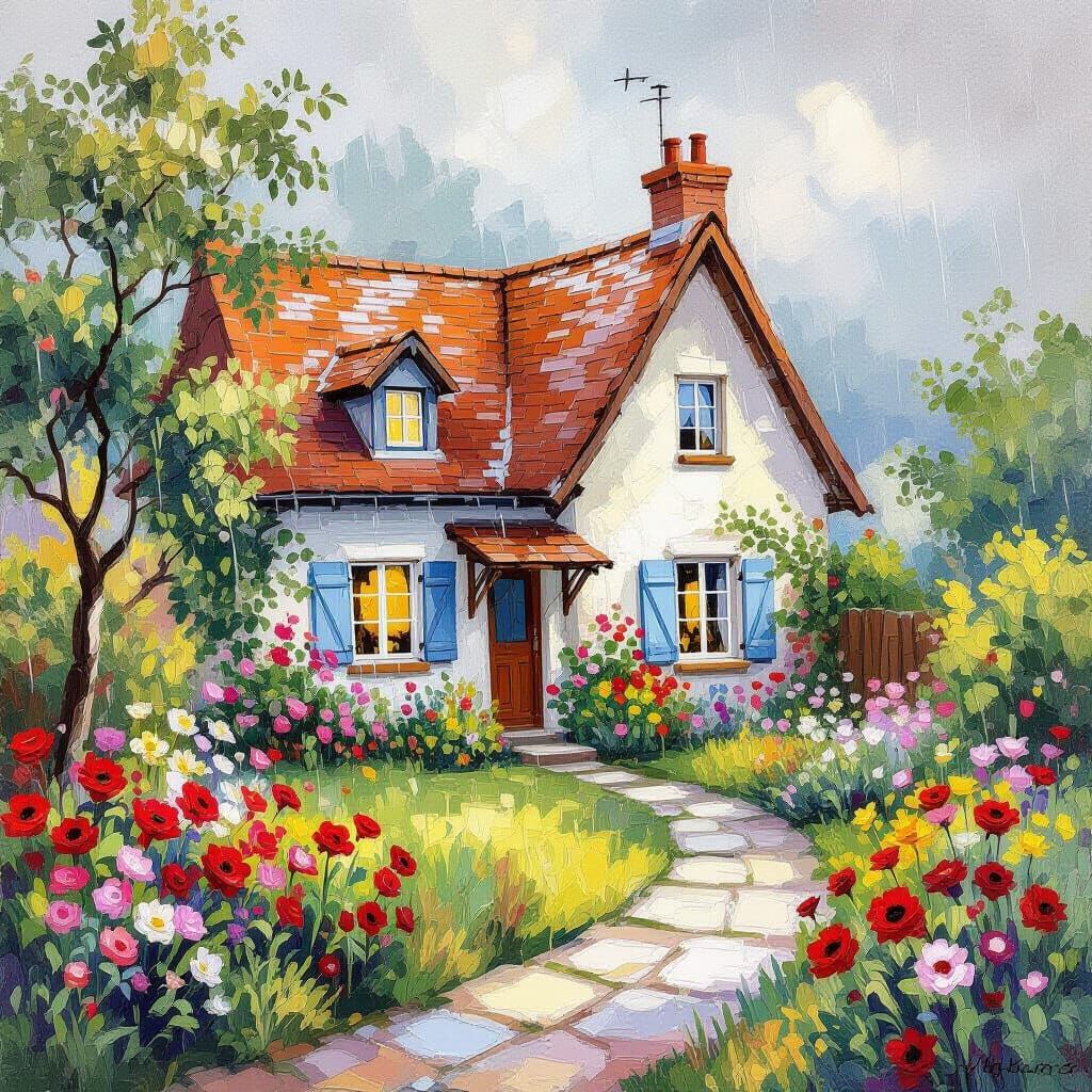Cozy Cottage & Flower Garden in Gentle Rain