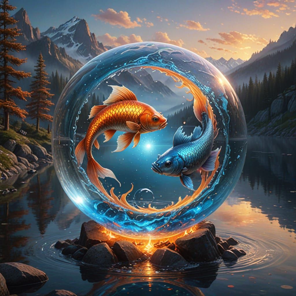 Ethereal Fantasy Art of Yin Yang Fish in a Mystical Setting