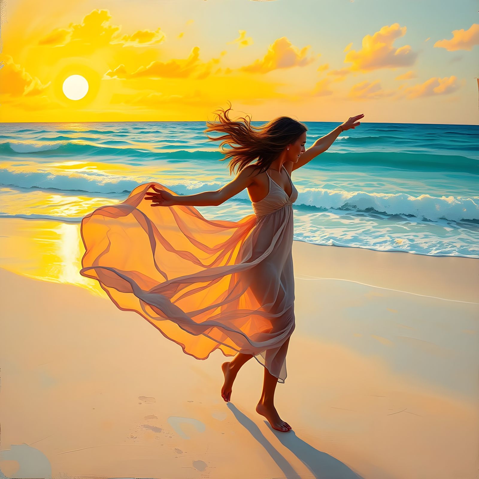 Woman Dancing on the Beach in Vibrant Colors