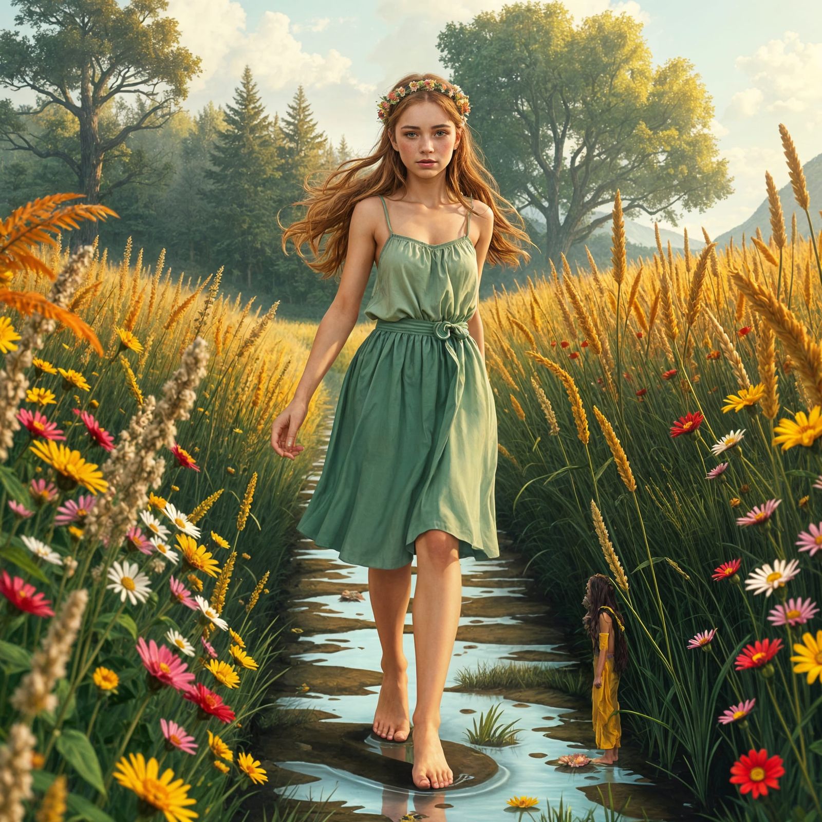 Maiden Strolls Through a Blooming Meadow in Morning Sunlight