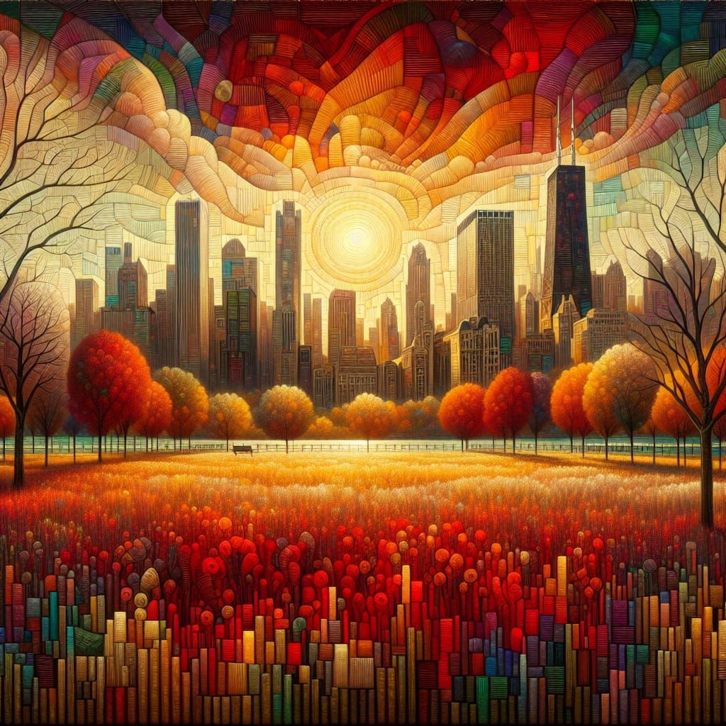 Chicago Sunset Scene in Cubist Oil Painting Style