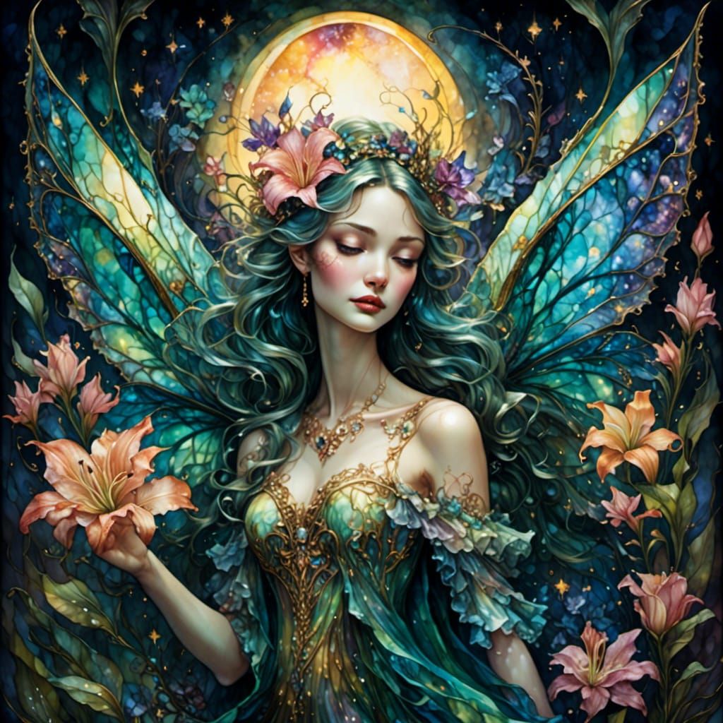 Fantasy Night Lily in Detailed Ink Style