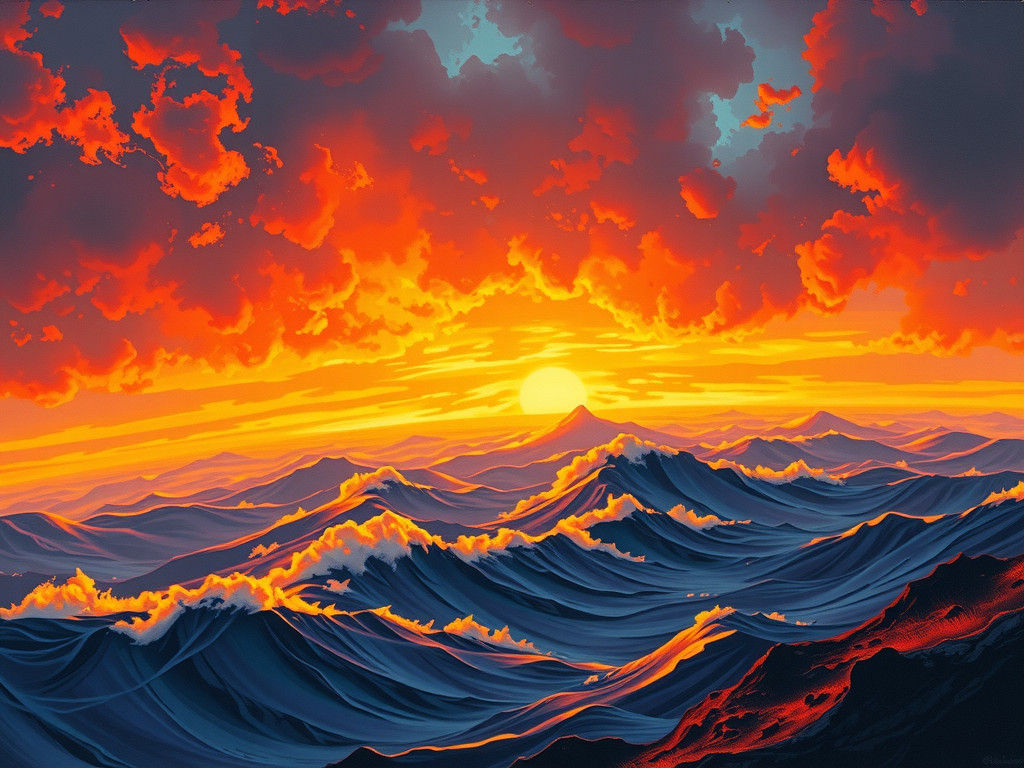 Ethereal Horizon: Fiery Gouache Seascape