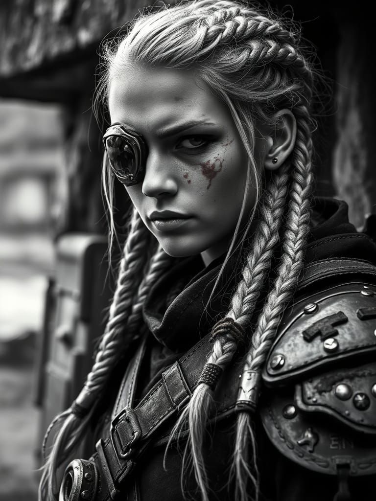Monochrome Portrait of Cyberpunk Mercenary in Armor