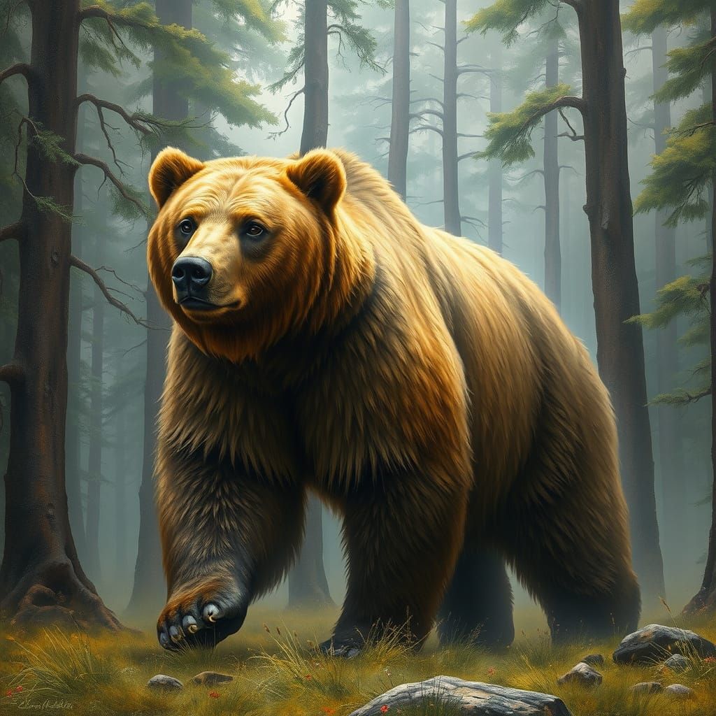A Majestic Grizzly Bear in Golden Forest Glade