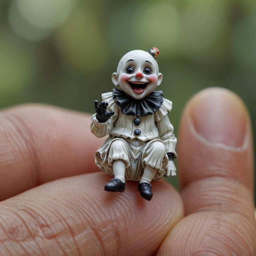 Microscopic Pierrot Laughing in Forest, Photorealistic 8k