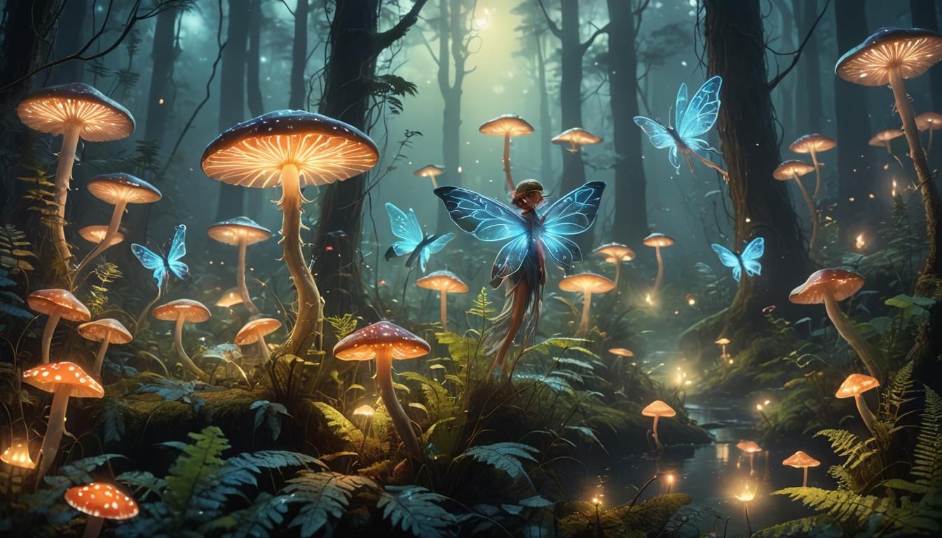 Bioluminescent Fairies Dance in Misty Forest